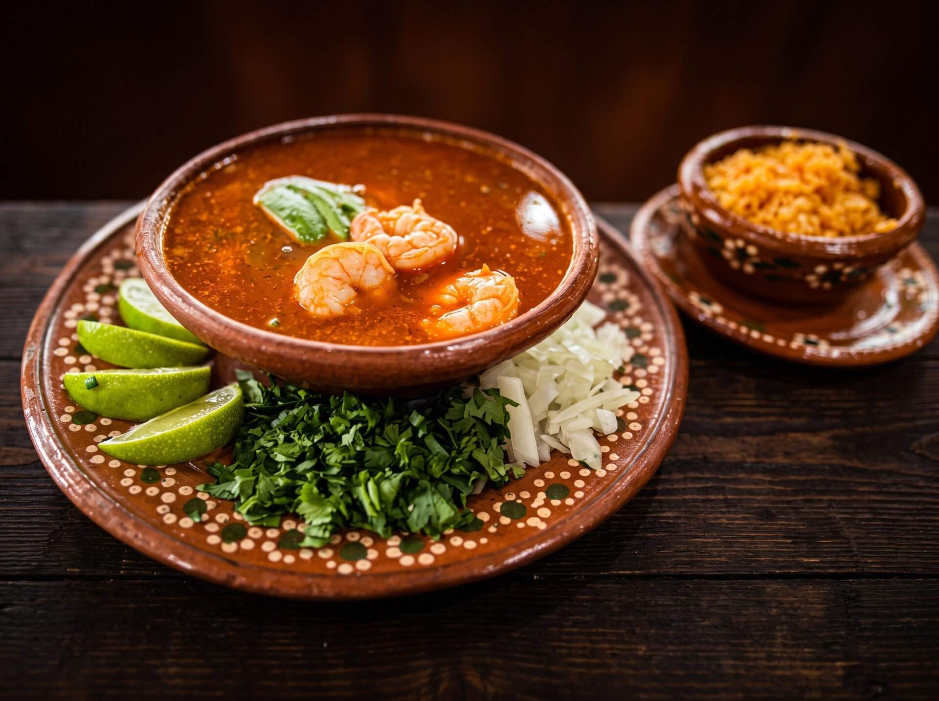 Caldo de camarón served with lime, cilantro, chopped onion and a side of rice