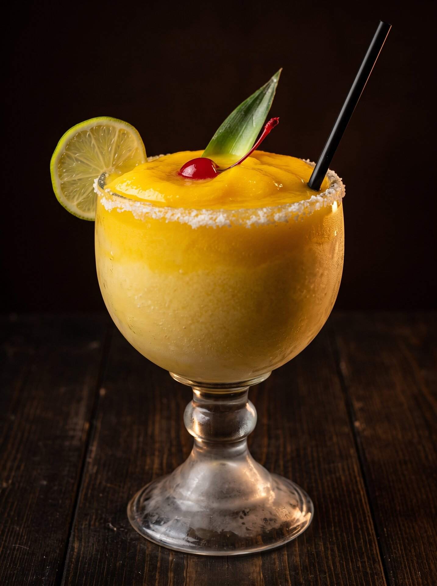 A frozen mango margarita in a tall footed goblet with lime and a chile rim