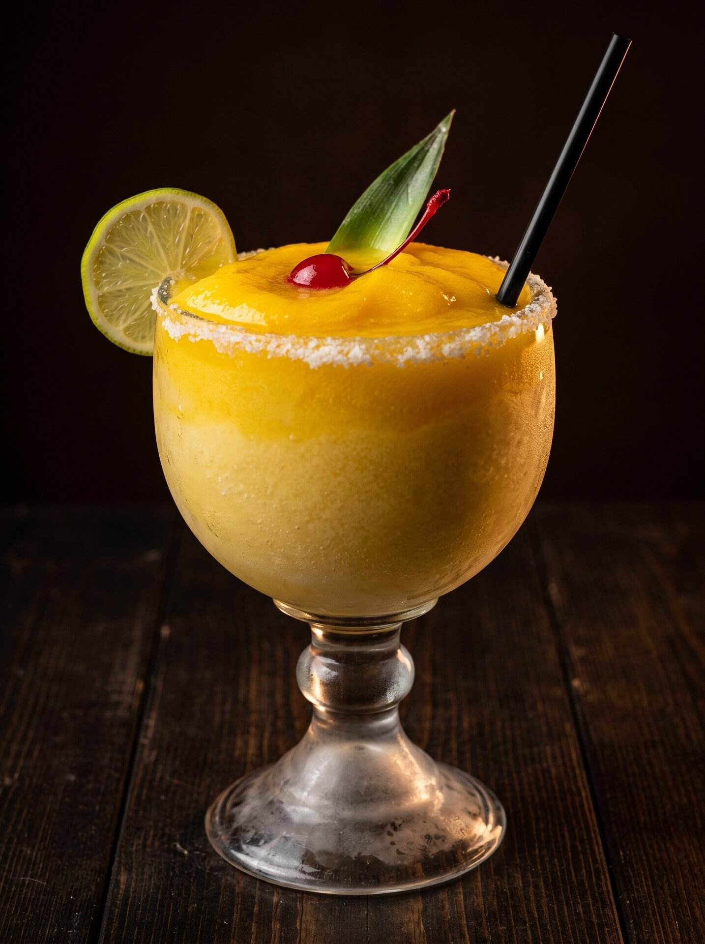 A frozen mango margarita in a tall footed goblet with lime and a chile rim